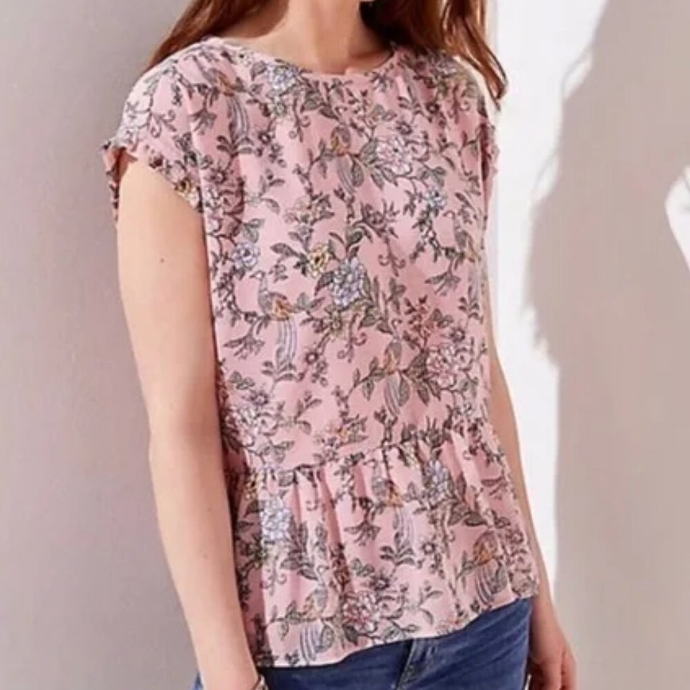 LOFT Floral and Peacock Pink Top with Ruffle Detail/ Size Small